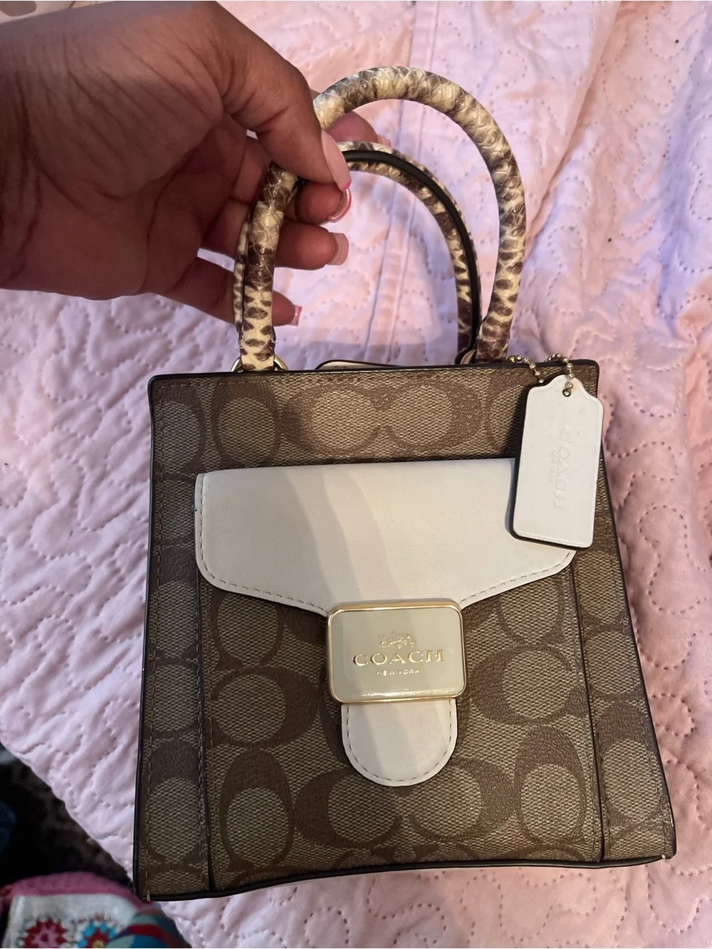 Coach Mini pepper Signature Satchel in Brown with Cream Trim